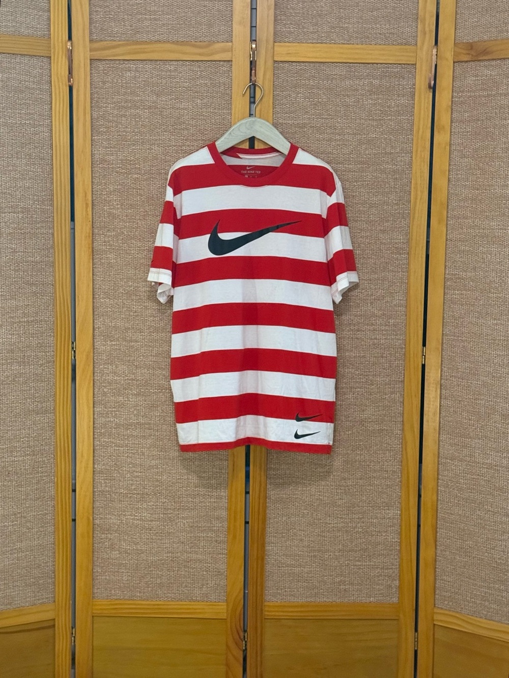 Nike Red and White Horizontal Stripe Crew Tee with Black Swoosh